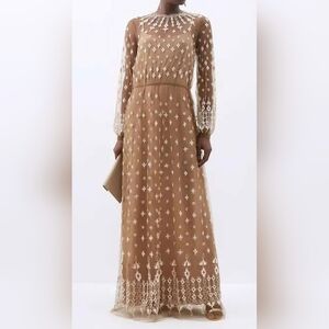 BIYAN Elegant Taupe Lace Maxi Dress, NWT, Embroidery And Pearl Beading, Size
